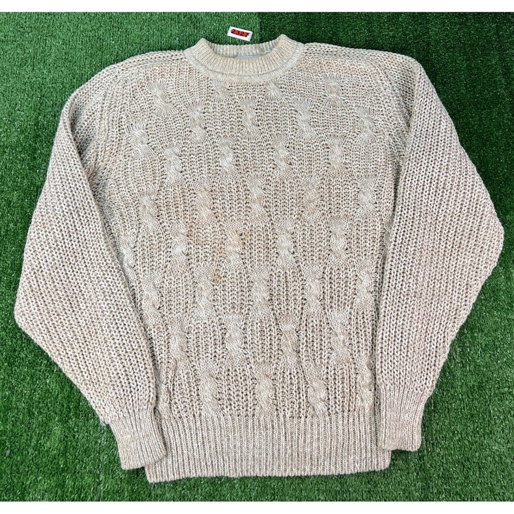 Vintage J Riggings Mens Large Beige Cable Knit Ramie Cotton Dad Sweater HK